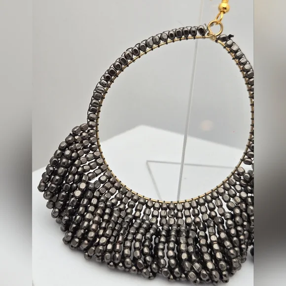 Ink + Alloy Handmade Beaded Hoop Earrings Matte Silver Lightweight Boho 3” - Picture 4 of 10